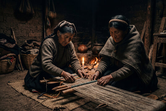 Two indigenous women weaving textiles by firelight in a rustic home