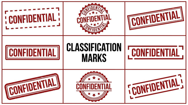 Set of diverse red vector stamp marks indicating confidential information or classified documents for security and privacy