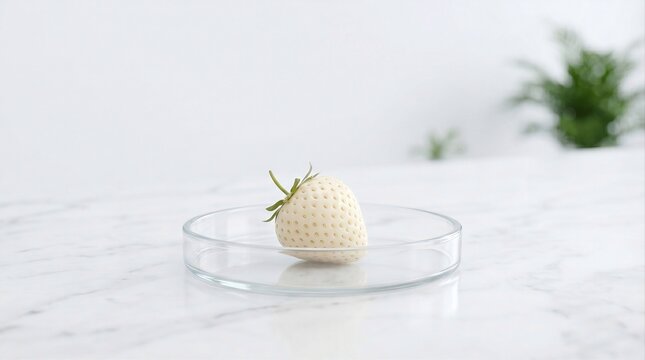 Minimalist still life featuring a white pineberry strawberry on a clear glass dish with soft natural lighting and clean modern aesthetic.