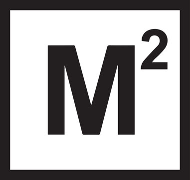 Black square meters symbol m2 centered in a square frame with measurement dimension geometry mathematics calculate scientific notation technical engineering