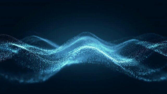 Glowing blue and cyan particle wave flowing across a dark horizontal band in the center of the frame