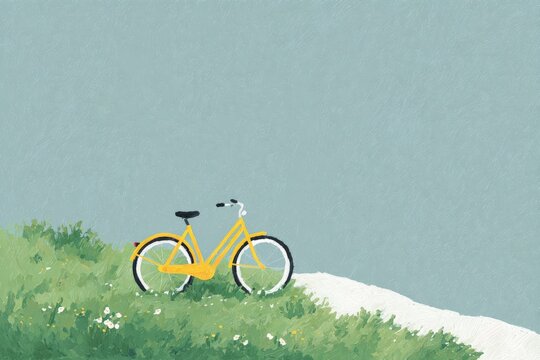 A yellow bicycle parked on top of a lush green hillside surrounded by plants and flowers. the sky is visible in the background creating a peaceful atmosphere.