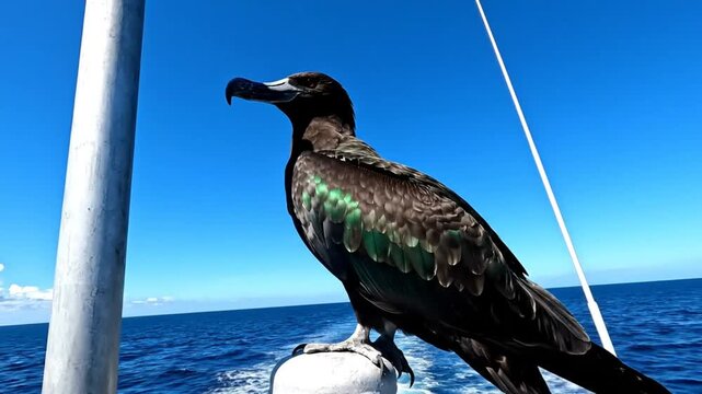 Magnificent frigatebird perched on boat hardware with a stunning clear blue sky and ocean backdrop during a sunny day