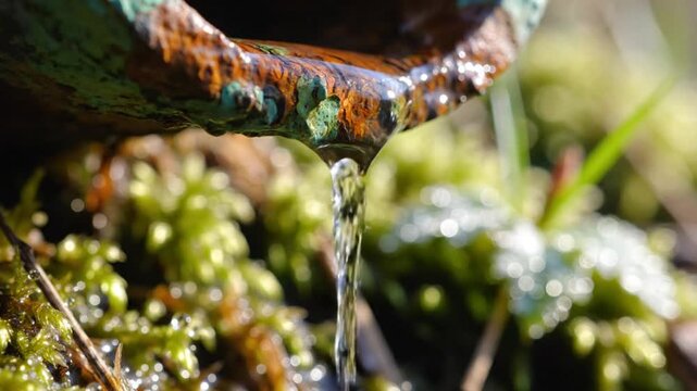Close up view of water dripping from an old, rusty metal pipe onto vibrant green moss in a natural environment.