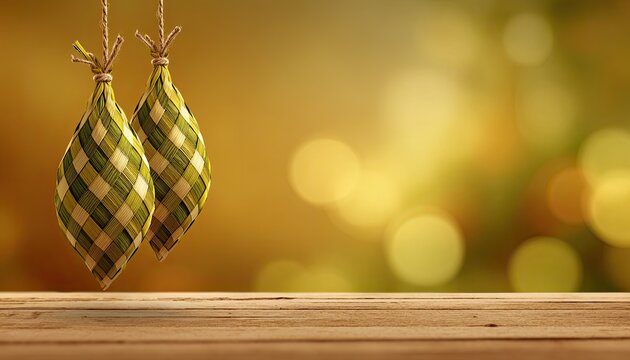 Rustic woven ornaments dangle against a warm, bokeh-filled backdrop