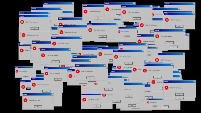Retro Computer System Error Cascade with Multiple Pop-up Windows on Black Background