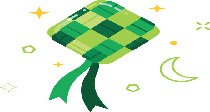 Traditional green ketupat vector illustration featuring woven palm leaves rice cake with crescent moon and stars for Eid Mubarak celebration design
