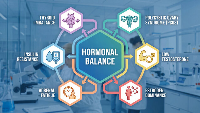 Hormonal balance medical infographic in laboratory setting showing thyroid imbalance PCOS insulin resistance low testosterone estrogen dominance and adrenal fatigue conditions