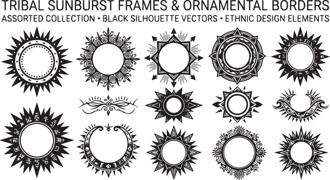 Tribal sunburst frames and decorative ornamental borders set with sunburst ornamental silhouette decorative geometric illustration collection isolated