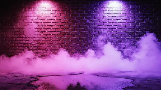 Pink and purple neon lights illuminating an urban brick wall at night with thick smoke and reflections in a puddle