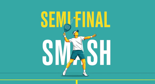 Semi Final Squash Match: Dynamic Illustration of Player Smashing the Ball Over the Net