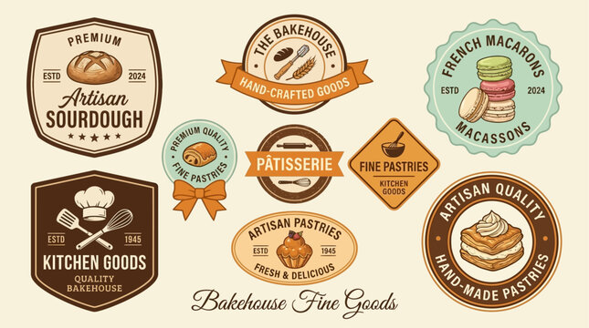 Collection of artisanal bakery and pastry shop logos and labels