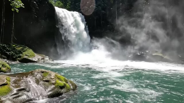 Powerful cascade of water falling into a pristine turquoise pool with rocks and lush vegetation, creating a breathtaking nature scene