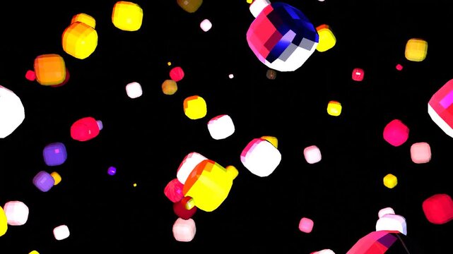 10 seconds seamless looping space flypast of multicolor random  rounded cuboid cubes solids flying out to screen on black background animation screensaver hd-video