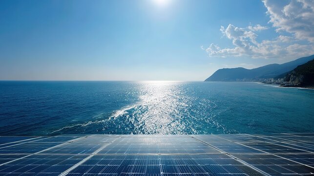 Coastal clean energy solar base, blue sea and sky, simple coastal environmental energy scenery