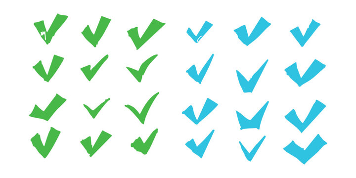 Green and blue checkmark symbols in rows used for approval or confirmation concepts in business and education representing correct choices or completed tasks.