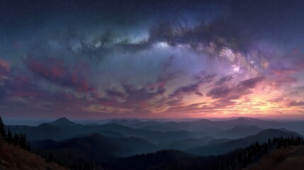 Obraz premium Scenic view of the mountain range with colorful sunset and milky way. Use this beautiful background for travel, adventure, or landscape design.