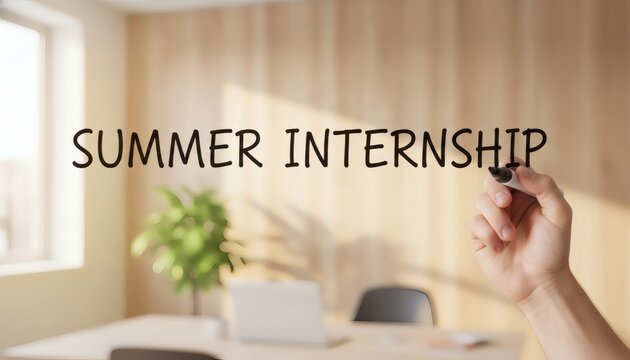 Close up of hand of intern writing Summer Internship text on transparent virtual whiteboard for student career opportunities and business recruitment idea concept