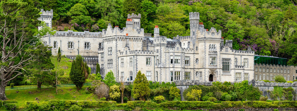 Kylemore Abbey stands on Pollacappul Lough below Druchruach Mountain in Connemara, County Galway. A famous neo Gothic landmark in western Ireland.