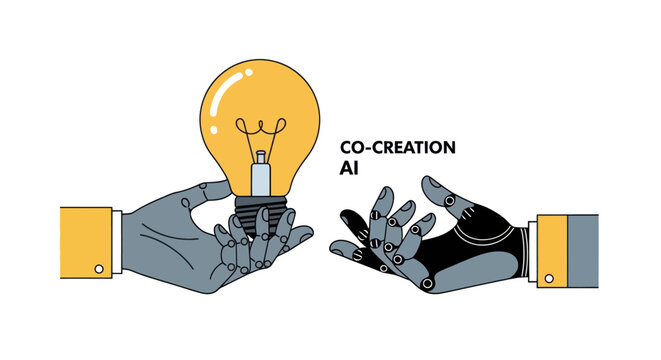 Human and robot hands holding lightbulb for AI co-creation.