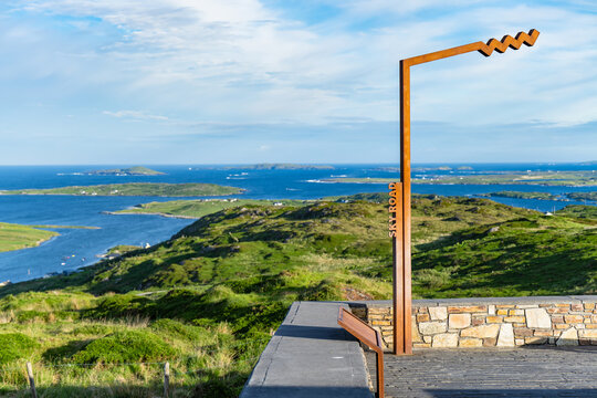 The Sky Road viewpoint overlooks the Connemara coast near Clifden along the Wild Atlantic Way in County Galway. A scenic travel landmark with island views over the Atlantic.