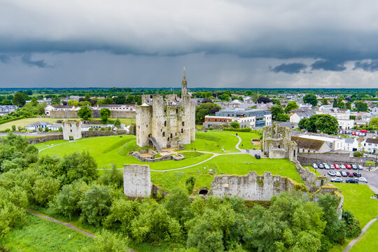 Aerial view of Trim Castle in County Meath, Ireland. The great Anglo Norman fortress rising above the River Boyne beside the medieval heritage town of Trim.