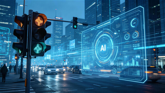 AI Traffic Management in Smart City: A futuristic smart city intersection where advanced AI systems analyze and optimize traffic flow, visualized through a holographic interface.