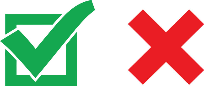 Green check mark inside a square box and a big red cross symbol for choice and selection