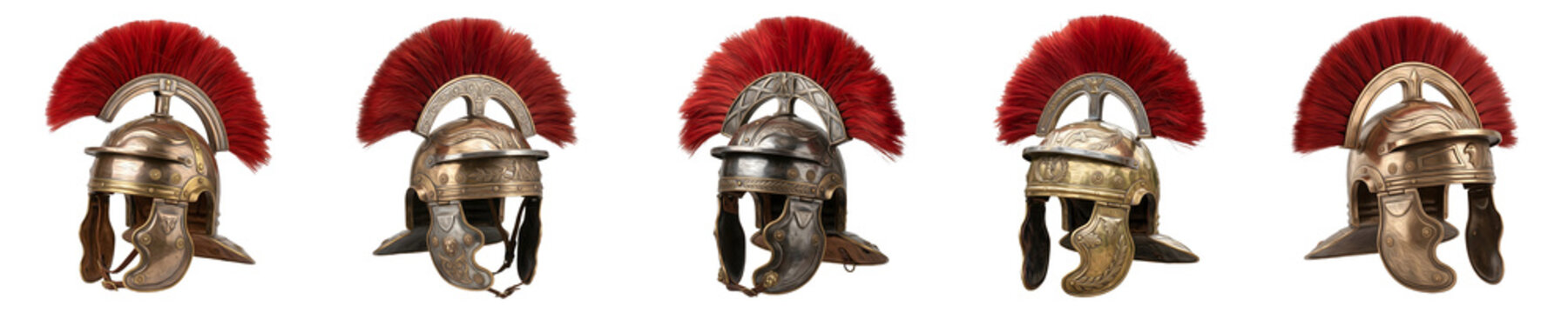 Collection of metallic Roman centurion helmets with prominent red horsehair crests, shown from multiple angles isolated on a clean white background for historical graphics.