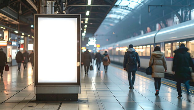 Blank advertising billboard on a busy train station platform with people walking by and a train arriving, advertisement mockup
