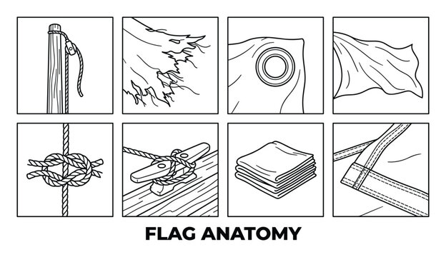 Flag anatomy elements showing knot pole fabric corner grommet and waving cloth with stitching details.