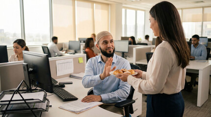 Fototapeta premium Muslim Man in Office Politely Declines Pastries Offered by Colleague