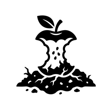 A black and white vector illustration depicting an apple core placed on a pile of soil, symbolizing organic waste, composting, and environmental