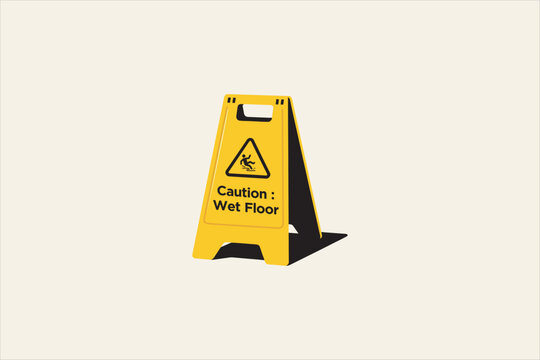 Yellow plastic wet floor caution sign board vector illustration. Free standing A-frame warning sign with slippery hazard icon isolated on simple plain background. Vector illustration.
