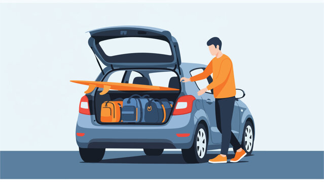 Man loading luggage into car trunk on roadside