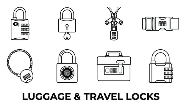 Luggage and travel locks illustrated as combination and keyed padlocks for securing bags and personal items.