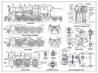 Detailed blueprint of a steam locomotive with various mechanical components and systems. © Duren