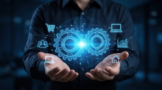 Businessperson holding gear icons representing application and API integration.