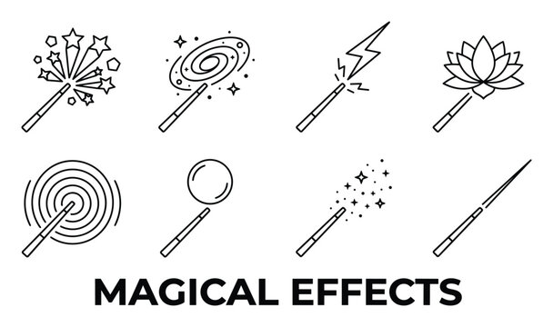 Magical effects collection with wands and magic sparks for fantasy games, witchcraft and wizardry, star, galaxy, bolt.