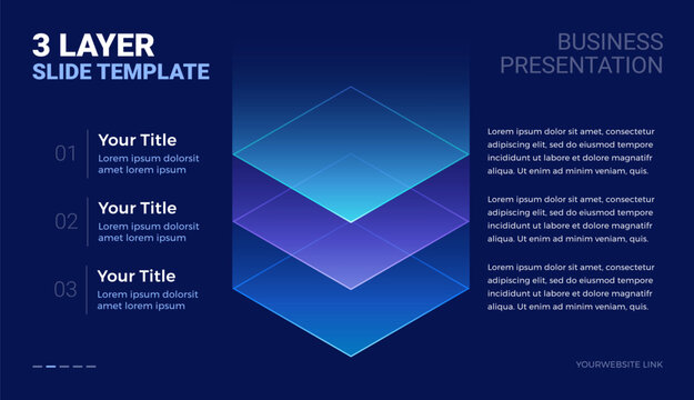 3 layer color stack futuristic tech diagram template with space for your text - modern business technology slide infographic template for corporate presentations - dark blue background vector