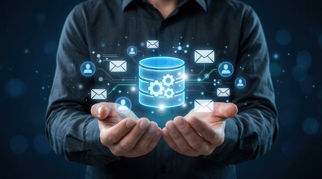Businessperson holding database and email icons for automated mail delivery from a server.