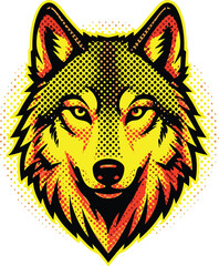 Fototapeta premium A fierce wolf head illustration with a pop art style, featuring a blend of yellow, orange, and red hues and a halftone dot pattern
