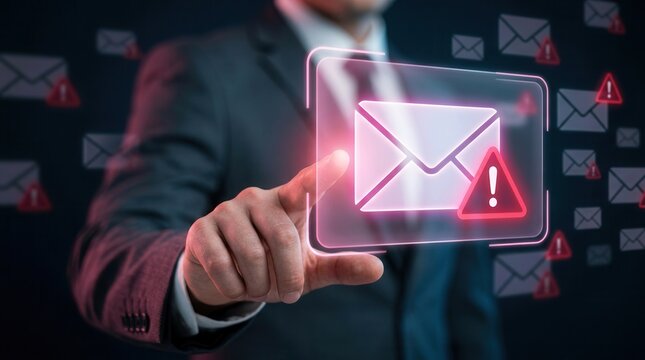 Email security software detecting phishing or scam mail with a warning alert icon.