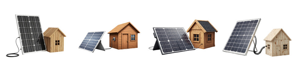 Fototapeta premium Collection of miniature wooden houses paired with portable solar panel models, shown from multiple angles and setups isolated on a clean white background.