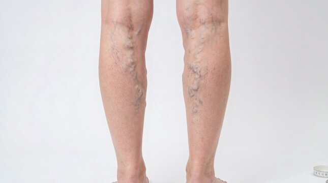 Close-up of human legs with varicose veins, medical condition.