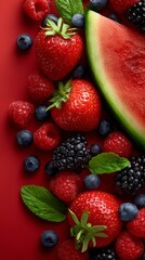 Obraz premium A vibrant arrangement of fresh summer berries—strawberries, raspberries, blueberries and watermelon—against a red background makes for an appetising backdrop for dessert recipes, 