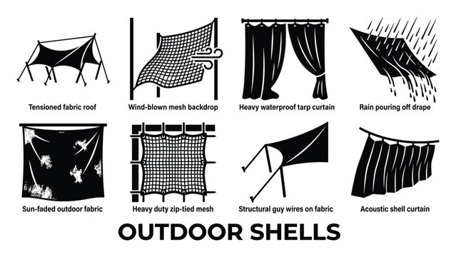 Outdoor shells set featuring fabric roofs, wind blown mesh, waterproof tarps, rain protection, sun faded fabric, zipped mesh, guy wires, and acoustic curtains.