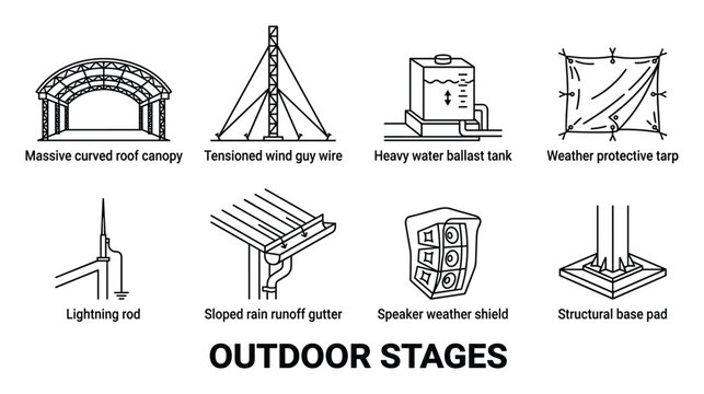 Outdoor stages collection with curved roof canopy, guy wire, water ballast tank, weather protective tarp, lightning rod, rain gutter, speaker shield, base pad.