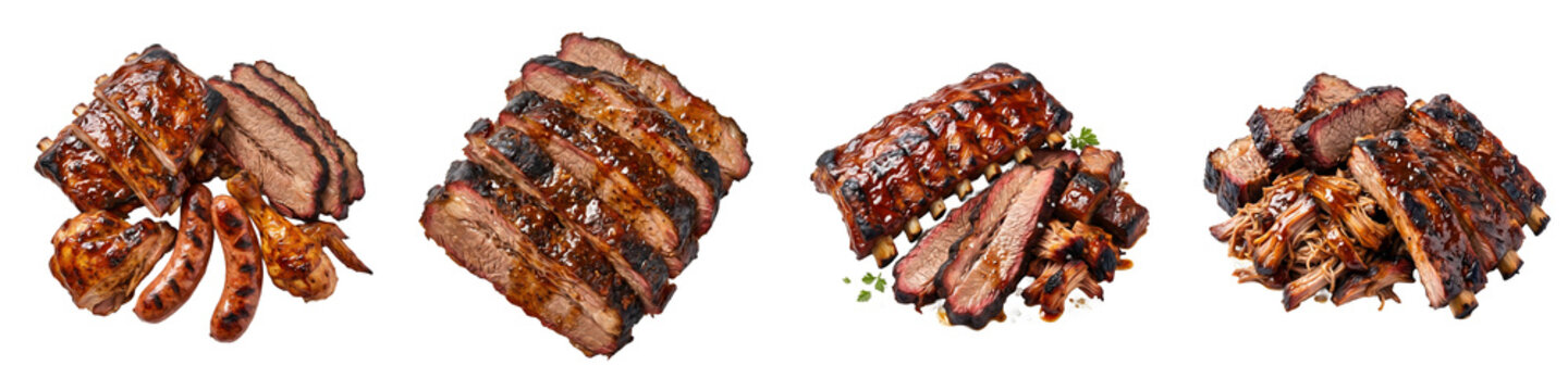 Smoked BBQ Meats Collection Isolated on White Background - Barbecue Pork Ribs and Brisket