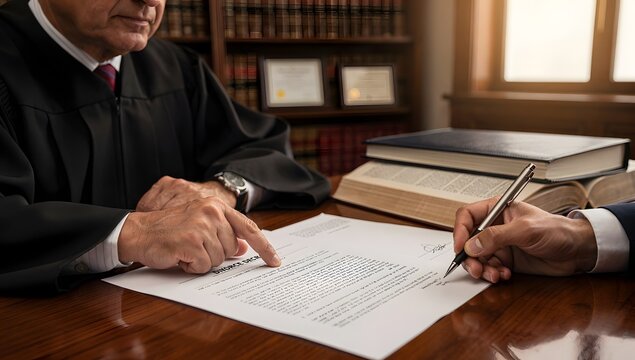 Ultra-realistic side-angle view of judge pointing at divorce decree pages while client&rsquo;s hand signs, office table with stacked files, soft shadows, documentary-style legal photo, crisp realism